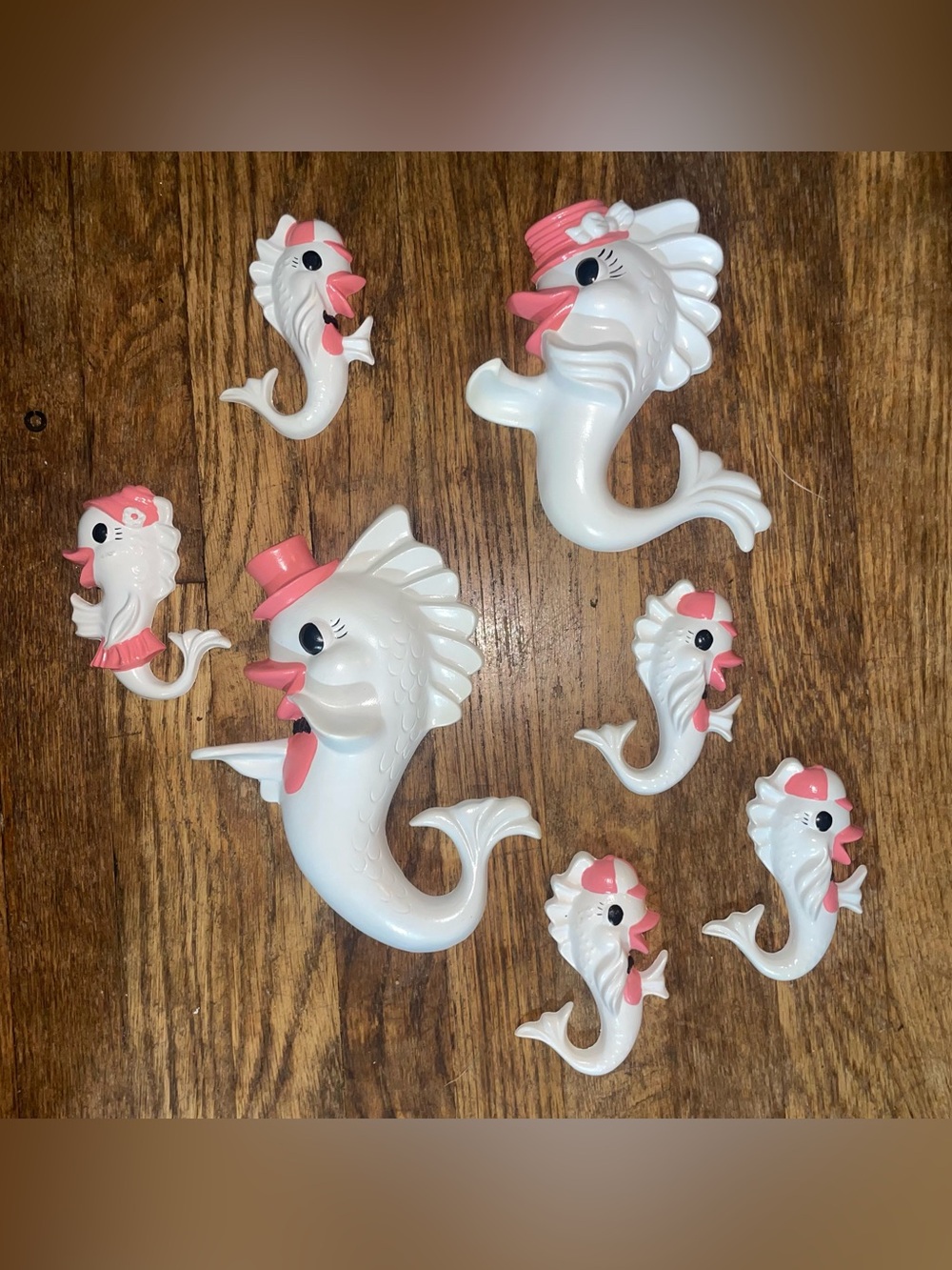 Vintage MCM Chalkware Anthomorphoc Fish Seahorse Wall Plaques set of 7 Kitsch